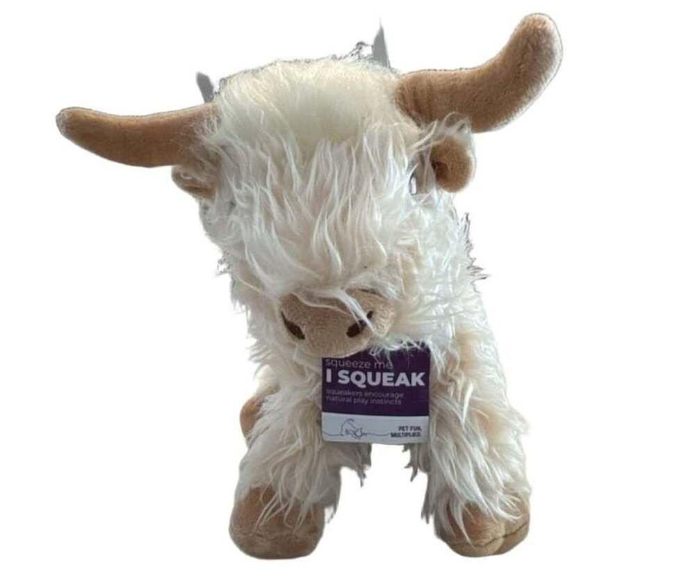 Multipet Highland Cow Dog Toy Plush Squeaker Crinkle Cream